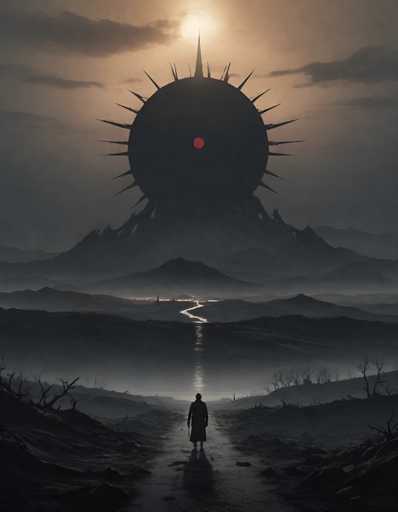 The image depicts a solitary figure walking towards an imposing structure that resembles a large sun or orb with multiple spines protruding from its center. The person is wearing a long coat and carrying a staff in their hand. The setting appears to be a desolate landscape with rocky terrain and sparse vegetation, suggesting a remote or isolated location.