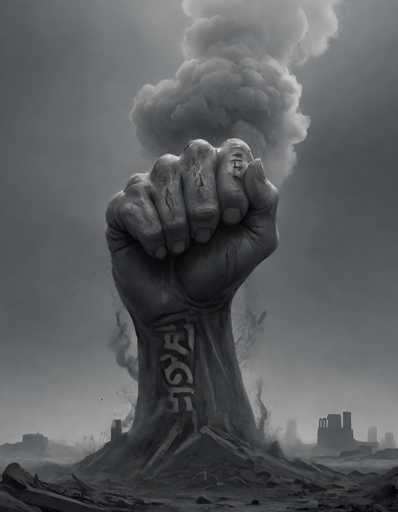 The image is a black and white photograph depicting a large hand with the word "FASK" written on it, surrounded by rubble and smoke. The scene appears to be set in an urban environment, possibly a city or town that has been devastated by a natural disaster or conflict.
