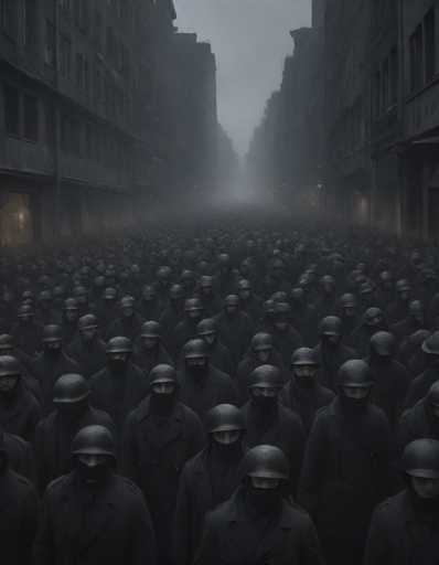 The image depicts a large group of people wearing black suits and helmets walking down a street lined with buildings on both sides. The perspective is from the side of the road, looking towards the crowd as they move in unison.