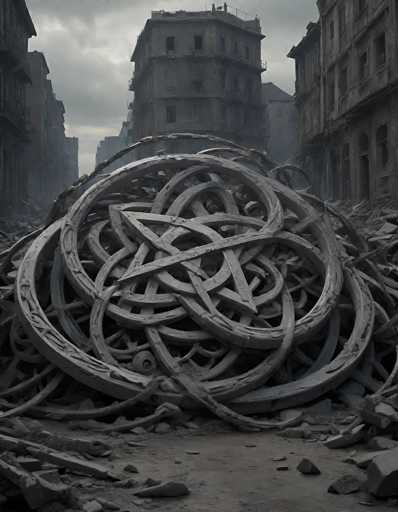 The image depicts a dark, dystopian cityscape under a gray, cloudy sky. Dominating the scene are several tall, dilapidated buildings, their windows shattered and facades crumbling, suggesting a recent catastrophic event. The ground is littered with debris, including bricks, stones, and metal fragments, creating a chaotic and desolate atmosphere. In the foreground, a large, intricate metal sculpture stands out. This sculpture features a prominent five-pointed star at its center, surrounded by interwoven circular patterns and lines, resembling a complex Celtic knot. The entire scene is rendered in shades of gray, enhancing the somber and ominous mood of the city.
