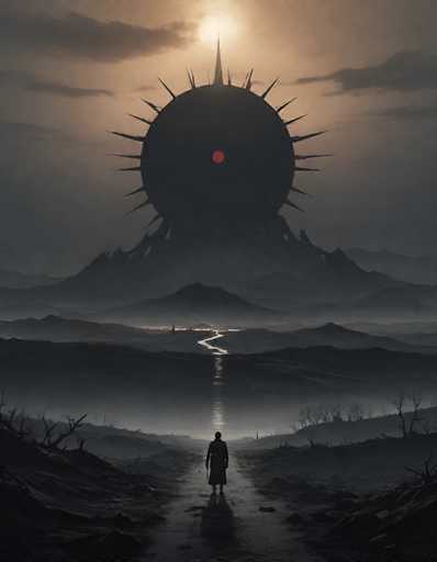 The image depicts a dark, ominous scene with a large, circular object resembling a sun or moon, positioned centrally. This celestial body is black with a red dot in its center and is surrounded by numerous sharp, triangular spikes. The sky is filled with dark, gray clouds, adding to the foreboding atmosphere. Below the celestial body, a winding river or road cuts through the landscape, leading to a distant mountain range. In the foreground, a lone figure, possibly a man in a long coat or dress, stands on a dirt road, holding a sword. The figure is silhouetted against the dim light, enhancing the eerie and mysterious mood of the scene.