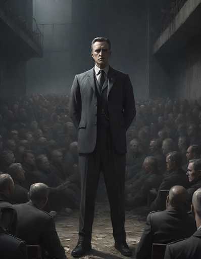A man in a dark suit stands at the center of a vast, dimly lit hall filled with rows upon rows of people. The man is positioned in the foreground, facing directly towards the viewer with a serious and intense expression. His hands are placed behind his back, and he appears to be addressing the crowd. The hall is filled with a hazy gray mist or fog, obscuring the details of the people in the background. The lighting is dramatic, with a single source illuminating the man and casting shadows on the surrounding figures. The overall atmosphere is one of power, authority, and perhaps a sense of unease or solemnity. The style is reminiscent of a historical portrait with a slightly dystopian feel, possibly evoking themes of power dynamics or mass gatherings.
