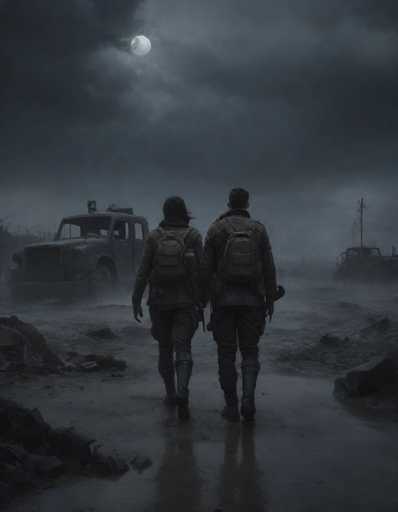The image depicts two people walking away from a car and towards an abandoned industrial area under a dark sky with clouds. The person on the left is wearing a backpack while the other has a suitcase.