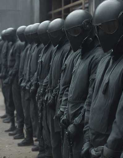 A striking black-and-white photograph captures a group of individuals standing in a line, all dressed in identical dark jumpsuits. Their heads are covered with helmets that feature visors, obscuring their faces and adding an air of mystery. Each person is equipped with a gun, held firmly in their gloved hands, which are positioned at their sides. The uniformity of their attire and stance creates a powerful, almost militaristic or dystopian atmosphere. The image evokes a sense of order and readiness, leaving the viewer to ponder the context and purpose of this enigmatic assembly.