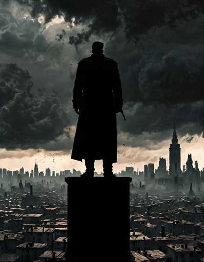 In this evocative image, a solitary figure stands atop a tall, rectangular pedestal, gazing out over a sprawling cityscape. The person, dressed in a long coat and boots, holds a gun in their right hand, adding an air of mystery and potential danger to the scene. The city below is a dense tapestry of buildings, with a particularly tall structure dominating the right side of the skyline. The sky above is heavy with dark, ominous clouds, suggesting an impending storm. The overall atmosphere is one of foreboding and tension, as the lone figure surveying the city below seems poised for action.