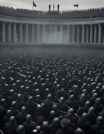 A vast, monochromatic crowd of soldiers marches in a grand, circular formation. The scene is dominated by the sheer number of people, all clad in dark uniforms and helmets, creating a sense of immense scale. The soldiers are densely packed, their heads uniformly facing forward, suggesting a unified and disciplined movement. 

The background features a large, circular structure with numerous columns, possibly a monument or a stage. Above the crowd, two figures stand on a raised platform, seemingly observing the procession. The overall atmosphere is somber and imposing, with a hazy or smoky quality in the air that adds to the dramatic effect. The lighting is dim, casting a uniform darkness over the scene and emphasizing the uniformity of the crowd.