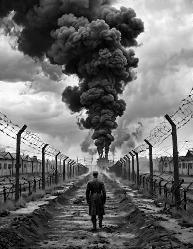 In this evocative black-and-white photograph, a solitary man walks down a desolate road, his back turned towards the viewer. He is dressed in a long coat, pants, and a hat, with a strap slung across his shoulder. The road is flanked by barbed wire fences on either side, creating a sense of confinement and foreboding. Beyond the fences, rows of buildings with pointed roofs stretch into the distance, their purpose ambiguous but hinting at a possible institutional or industrial setting. The sky above is heavy with dark, ominous clouds, adding to the overall gloomy atmosphere. In the background, a factory or power plant stands with multiple smokestacks, belching thick plumes of black smoke into the sky, further emphasizing the bleakness of the scene. The photograph captures a moment of solitude and desolation, leaving the viewer to ponder the story behind this haunting image.