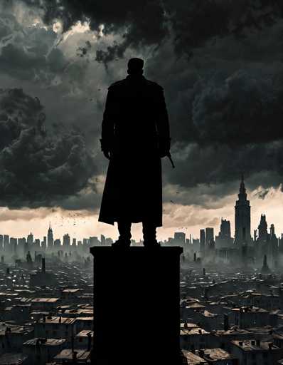 The image depicts a solitary figure standing atop a stone pedestal on the rooftop of a city. The person is dressed in a long coat and hat, suggesting an air of mystery or solitude. In the background, the cityscape unfolds with buildings of varying heights and designs, their silhouettes stark against the sky. The scene is bathed in a dramatic light, with clouds looming overhead and casting an ethereal glow over the entire setting.