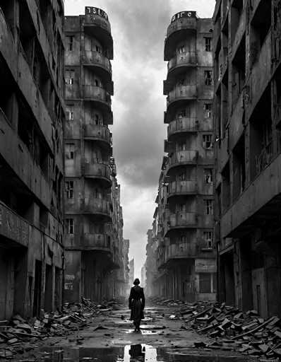 In this evocative black-and-white photograph, a solitary woman walks down a desolate, debris-strewn street in what appears to be a war-torn city. The scene is framed by two towering, dilapidated buildings on either side, their facades marred by shrapnel and debris. The woman, dressed in a long coat and hat, strides purposefully towards the camera, her figure stark against the bleak backdrop. The street itself is littered with rubble and puddles of water, reflecting the desolation that surrounds her. The sky above is overcast, casting a somber light over the entire scene. In the distance, more buildings loom, their forms barely discernible through the haze of destruction. The photograph captures a poignant moment of solitude and resilience amidst the chaos of war.