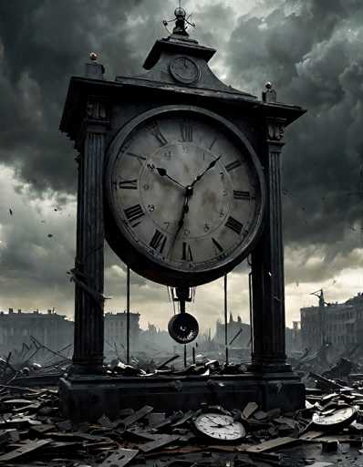 The image depicts a large, ornate clock standing amidst the ruins of a city. The clock, which features a prominent face with Roman numerals and black hands, is housed in a structure supported by two tall columns. Atop the clock is a smaller, circular clock, and above that, a decorative element resembling a small statue or figure. The clock face shows the time as 10:07. Surrounding the base of the clock are scattered clock faces and debris, indicating extensive destruction. The sky is filled with dark, ominous clouds, adding to the overall gloomy and desolate atmosphere of the scene.