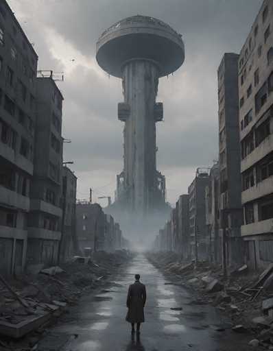 A lone figure in a trench coat stands at the vanishing point of a desolate, post-apocalyptic city street. The scene is dominated by a colossal, towering structure with a wide, circular top and a slender, damaged body. Rubble litters the ground, reflecting the dim, overcast sky. The overall art style is a stark, atmospheric digital painting with a muted, grayscale palette, emphasizing a sense of isolation and decay.