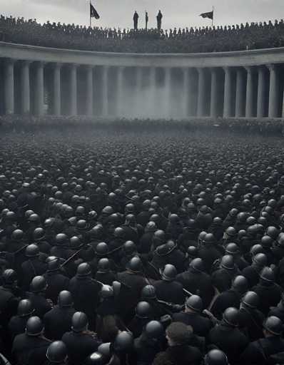The image depicts a large crowd of people wearing black hats and helmets gathered around a white building with columns. The perspective is from the front of the crowd, looking towards the top of the building where three individuals are standing on a platform.