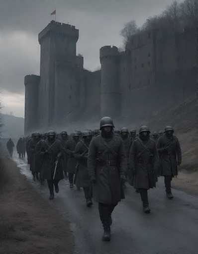 A large group of soldiers marches in formation along a gray, muddy path towards a massive, imposing castle. The scene is shrouded in a heavy, overcast sky, with a thick fog obscuring the background and creating a sense of foreboding. The soldiers are uniformly dressed in dark, heavy coats and helmets, their faces obscured by the low light. The castle is a towering structure of gray stone, with multiple turrets and battlements, its scale dwarfing the marching soldiers. The overall atmosphere is somber and dramatic, suggesting a scene of military procession or perhaps a historical moment.