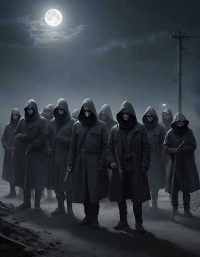 In this eerie black-and-white image, a group of approximately 10 to 12 hooded figures stands in a line, their faces obscured by menacing silver masks that resemble skeletal or alien visages. Each individual is clad in long, dark trench coats and gloves, with some wielding rifles, pistols, or swords. The scene is set against a foggy, night sky illuminated by a full moon, casting an ominous glow over the group. To the right, a telephone pole with wires adds to the unsettling atmosphere. The ground beneath them appears to be dirt, and the overall composition suggests a scene from a dark fantasy or horror movie.
