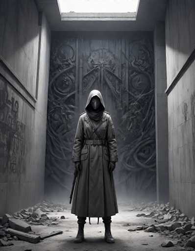 The image depicts a mysterious hooded figure standing in the center of a dilapidated, stone-walled room. The figure is clad in a long, dark gray trench coat that reaches their ankles, with a hood pulled up and a mask obscuring their face. They wear black gloves and black boots, and a sword is sheathed at their side. The room is in disarray, with debris and rubble scattered across the floor, suggesting a recent disturbance. The walls are adorned with intricate carvings, including circular patterns and possibly a star-like design, adding to the room's ancient and enigmatic atmosphere. A skylight above casts light into the space, illuminating the scene and highlighting the figure's enigmatic presence.
