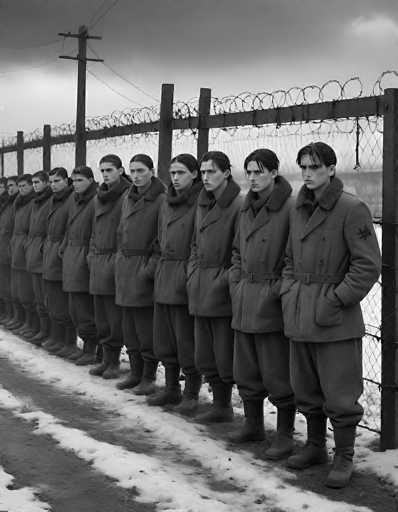 A group of men in uniform stand in a line, facing the viewer. They are all wearing heavy coats with fur collars and trousers, standing in a snowy outdoor setting behind a barbed wire fence. The scene is monochromatic, emphasizing the stark and somber atmosphere. Their expressions are serious, conveying a sense of uniformity and perhaps confinement. The lighting is soft, casting shadows that add to the overall mood of austerity.