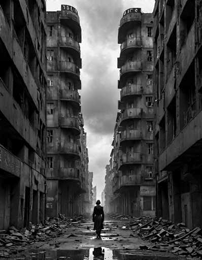 A lone figure walks down a desolate, rubble-strewn street in a war-torn city. The buildings on either side are heavily damaged, with debris scattered everywhere. The sky is overcast and dark, casting a somber mood over the scene. The figure's silhouette is small in comparison to the vast, ruined environment, emphasizing the scale of the destruction and the human impact of conflict. The image is monochromatic, enhancing the starkness and desolation of the scene.