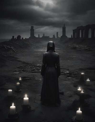 In this haunting black-and-white photograph, a solitary figure stands with their back to the viewer, shrouded in a long, dark robe with a hood that obscures their head. The figure's hands rest at their sides, and they gaze out over a desolate landscape. The ground is littered with debris, including what appears to be the remnants of a collapsed building, with broken bricks and other rubble scattered about. 

To the right, a series of arches, possibly part of a bridge or building, stand eerily intact amidst the destruction. On the left, a small hill rises, crowned with a solitary tower that pierces the gloomy sky. The sky itself is heavy with dark, ominous clouds, though a faint light attempts to pierce through the gloom.

In the foreground, the figure stands surrounded by approximately a dozen lit candles, their flickering flames casting an eerie glow on the scene. The overall atmosphere is one of desolation and mystery, with the interplay of light and shadow adding to the photograph's haunting beauty.