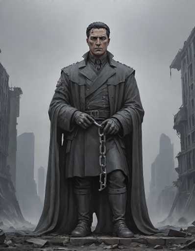 The image depicts a man standing in a desolate, post-apocalyptic cityscape. He is dressed entirely in black, wearing a long black trench coat that extends to his knees, a black shirt, black pants, and black boots. His attire is complemented by black gloves, and a chain dangles from his right hand. The man has short black hair, with a single strand falling over his forehead, and his expression is stern and serious. He stands on a raised platform, surrounded by rubble and debris from destroyed buildings. The background is filled with gray, foggy skies and the remnants of crumbling structures, emphasizing the bleak and desolate atmosphere. The overall scene is rendered in black and white, adding to the somber and eerie mood.