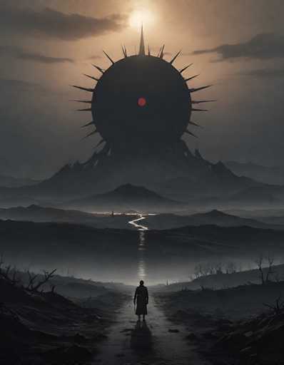 A lone figure stands on a desolate, misty path leading towards a colossal, ominous structure in the distance. The structure is a dark, circular object with sharp spikes radiating outwards, dominating the landscape and casting an eerie shadow. A faint red dot is visible on its surface. The path stretches into a hazy, mountainous landscape with barren trees lining the sides. A faint, glowing river snakes through the misty valleys towards the structure. The overall atmosphere is one of mystery, isolation, and perhaps a sense of foreboding or awe. The sky above is a muted blend of grey and pale orange, suggesting either dawn or dusk.