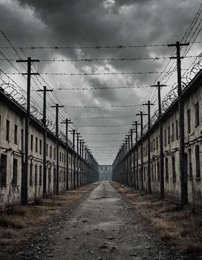 The image depicts an abandoned industrial area with a long row of dilapidated buildings on the right side and a dirt road running through the center. The sky above is filled with dark clouds, creating a sense of foreboding. There are no people or vehicles visible in the scene, adding to the desolate atmosphere.