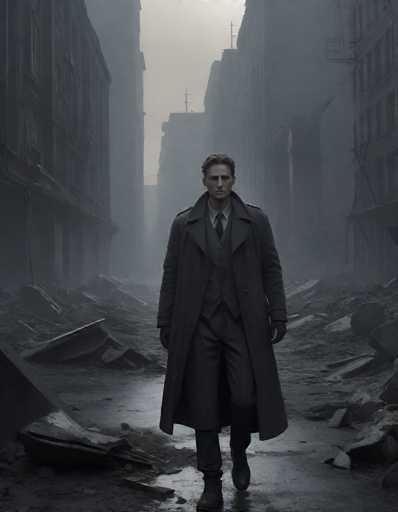 In this evocative black-and-white photograph, a man stands resolutely amidst the wreckage of a once-thriving city. The scene is one of devastation, with debris and rubble scattered across the ground, hinting at a recent catastrophic event. The man, dressed impeccably in a long black trench coat, a black vest, a white button-up shirt, a black tie, black pants, and black boots, exudes an air of determination and purpose. His short brown hair is neatly styled, and his face, marked by a serious expression, gazes directly into the camera. The backdrop features tall, imposing buildings, now partially obscured by the chaos below. The sky above is a somber gray, adding to the overall mood of desolation and resilience. This image captures a poignant moment of human endurance in the face of overwhelming destruction.