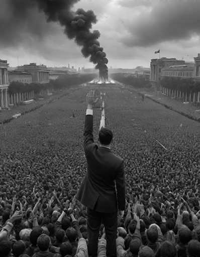 The image depicts a vast, monochrome crowd of people facing a figure in a suit standing at the front. The central focus is on the figure raising their right hand, seemingly addressing a massive, upward-facing crowd. A large plume of smoke rises in the distance, suggesting a significant event or demonstration. The composition is from a high-angle perspective, emphasizing the scale of the gathering and the figure's commanding presence. The overall style is stark and dramatic, likely aiming for a powerful, possibly historical or symbolic, representation.
