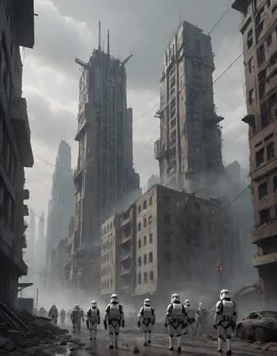The image depicts a group of Stormtroopers walking through a cityscape filled with dilapidated buildings and power lines. The perspective is from ground level, looking up at the towering structures that dominate the scene. The color palette is dominated by shades of gray and brown, reflecting the urban decay and desolation of the area.