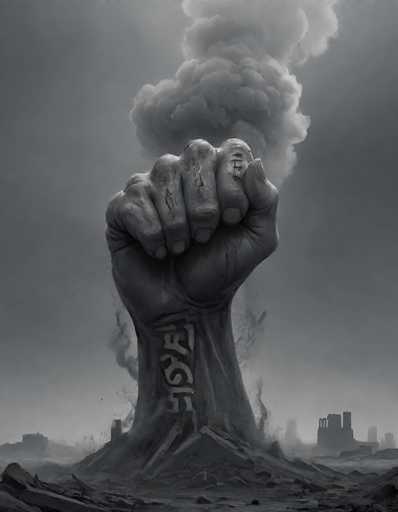 This black-and-white digital artwork depicts a colossal fist emerging from a mound of rubble, symbolizing resistance and defiance. The fist, which appears to be made of stone or concrete, is clenched tightly with the thumb tucked into the palm and fingers curled inward. Intricate Asian characters, possibly Chinese or Japanese, are etched along the wrist and knuckles, adding a layer of cultural significance. The background is shrouded in thick smoke and fog, with silhouettes of industrial buildings, power plants, and smokestacks emitting plumes of smoke. The scene is set against a dark, cloudy sky, enhancing the ominous and dystopian atmosphere. Debris and rubble surround the base of the fist, emphasizing the aftermath of destruction. The overall composition suggests a powerful narrative of resilience amidst chaos and devastation.