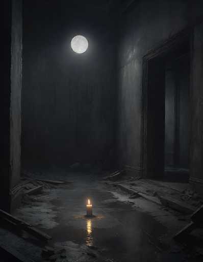 A dimly lit, abandoned hallway is illuminated by a single candle on the floor. A full moon hangs high in the dark, casting an eerie glow on the scene. Debris litters the floor, and dust hangs in the air, creating a sense of decay and mystery. The overall style is atmospheric and slightly gothic.