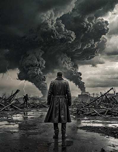 In this black and white image, a man stands with his back to the viewer, gazing at a scene of destruction. He is dressed in a long black trench coat, black pants, and black shoes, with short black hair. The ground beneath him is wet and reflective, littered with debris from what appears to be a recent explosion. To his left, another man stands amidst the wreckage, also facing away from the camera. The sky above is dark and ominous, filled with thick smoke that billows upwards and spreads across the horizon. A single lightning bolt pierces the sky on the left side of the image, adding to the dramatic atmosphere. The overall scene is one of devastation and desolation, captured in stark monochrome.