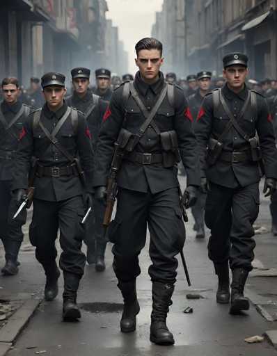 A group of soldiers in a uniform, marching down a street. The soldiers are wearing dark uniforms with red shoulder patches and black caps. They are carrying rifles and marching in formation. The street is narrow and cobblestone, with debris scattered on the ground. The background is blurred, but it appears to be a city street in a war-torn area.