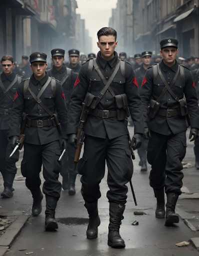 A group of uniformed soldiers marches in a dimly lit, gritty urban setting. The main subjects are the soldiers, dressed in dark uniforms with red shoulder patches and helmets. They walk in a tight formation down a narrow, cobblestone street, their faces serious and focused. The background is blurred, suggesting depth of field and emphasizing the soldiers in the foreground. The art style appears to be a realistic digital painting, with a muted color palette and a slightly desaturated tone, creating a somber atmosphere.