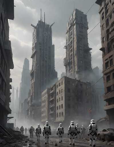 The image depicts a scene from the Star Wars universe, showcasing a group of stormtroopers marching in formation through a desolate urban landscape. The stormtroopers are clad in their iconic white armor, complete with helmets, chest plates, and utility belts. The setting appears to be a post-apocalyptic cityscape, with tall buildings looming in the background, many of which are damaged and emitting smoke. The sky is overcast, adding to the bleak atmosphere. On the ground, there is visible debris, including a car that has been destroyed, and the streets are littered with rubble. The stormtroopers are moving away from the viewer, their path leading towards the distant, smoky skyline. The overall mood of the image is one of desolation and destruction, characteristic of a war-torn galaxy.