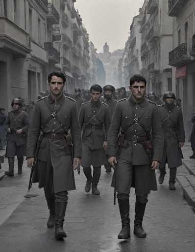 A dramatic, low-angle shot captures a group of soldiers marching down a narrow, cobblestone street in what appears to be an old European city. The scene is bathed in a muted, overcast light, creating a somber and historical atmosphere. 

In the foreground, two soldiers are positioned at the center of the frame, walking towards the viewer. They wear dark gray military uniforms with high collars and belts, carrying rifles slung across their chests. Their expressions are serious and focused, conveying a sense of determination or perhaps weariness. 

Behind them, a larger group of soldiers follows, receding into the depth of the street. The buildings lining the street are tall and narrow, with a slightly weathered appearance, suggesting an older architectural style. The buildings' facades are in muted tones of gray and beige, further enhancing the overall somber mood. 

The perspective is low, emphasizing the height of the buildings and the depth of the street, drawing the viewer into the scene. The overall color palette is muted, with shades of gray and dark tones dominating the image, creating a sense of historical drama.