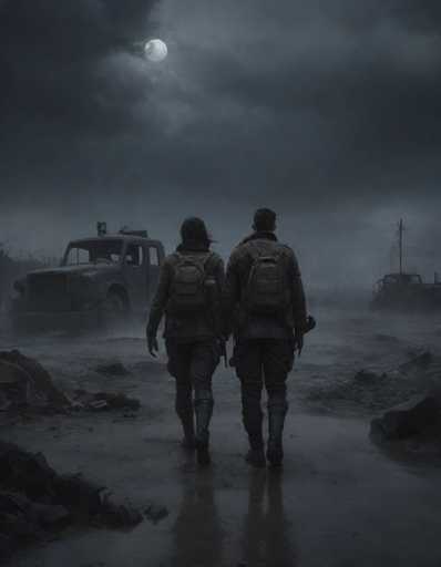 A lone, desolate scene unfolds under a dark, overcast sky. Two figures, clad in military-style clothing and carrying backpacks, walk away from the viewer down a muddy path. The ground is uneven, littered with debris and rubble, suggesting a post-apocalyptic or war-torn environment. 

In the distance, several military vehicles are partially obscured by a thick haze of dust and smoke. A full moon hangs low in the sky, casting an eerie glow on the scene. The overall atmosphere is one of isolation, resilience, and perhaps a sense of hope amidst destruction. 

The figures are silhouetted against the dim light, their posture suggesting a determined or weary journey. The scene is monochromatic, with muted tones of gray and black dominating the color palette, enhancing the somber mood.