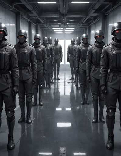 The image shows a group of people dressed in black military uniforms standing in an empty hallway with large windows on both sides and a concrete floor. The perspective is from the side of the hallway, looking towards the end where the group appears to be marching or gathering for some purpose.