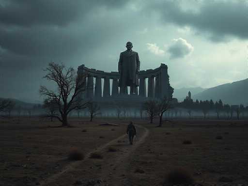 A desolate, post-apocalyptic landscape dominates the scene. A lone figure walks towards a colossal, weathered statue in the distance, its form hinting at a long-gone era. Sparse, skeletal trees dot the barren ground under a heavy, grey sky with scattered clouds. The overall aesthetic is stark and bleak, emphasizing a sense of isolation and the aftermath of a forgotten world.