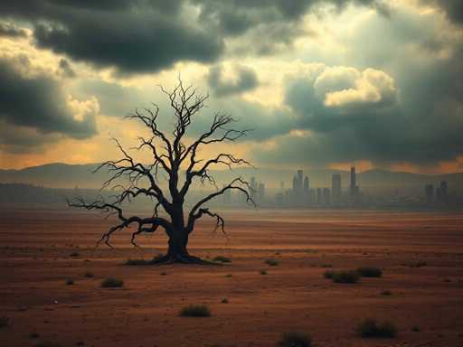 A hauntingly beautiful image captures a solitary, leafless tree standing in the middle of a vast, arid desert. The tree, with its gnarled branches reaching skyward, stands as a stark silhouette against the backdrop of a distant city skyline. The ground is a patchwork of dry, cracked earth and sparse tufts of grass, emphasizing the desolate nature of the landscape. The sky above is a mix of dark, brooding clouds and patches of blue, with the sun casting a warm glow from behind the tree, creating a dramatic contrast. In the far distance, the silhouettes of tall buildings rise up, hinting at a bustling metropolis beyond the barren foreground. The overall scene evokes a sense of isolation and resilience, as the lone tree endures in its harsh environment, with the city serving as a distant reminder of civilization.