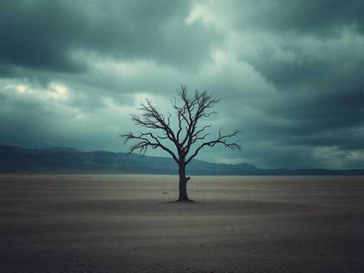 A solitary, leafless tree stands starkly in the middle of a vast, flat desert landscape. The ground beneath it is a mix of light and dark brown sand, stretching out in all directions. In the background, a range of dark, shadowy mountains looms under a heavily clouded sky. The clouds are predominantly gray with hints of white, suggesting an impending storm. The overall scene is shrouded in a somber, almost eerie atmosphere, with the tree's bare branches reaching upwards against the gloomy backdrop.