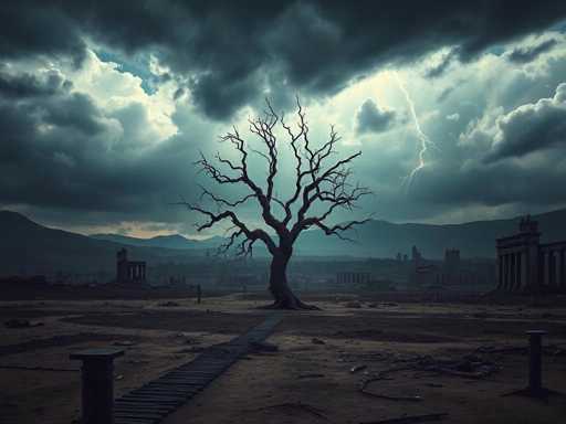 The image depicts a hauntingly desolate scene of an ancient, abandoned city. At the center stands a solitary, leafless tree, its gnarled branches reaching upwards against a backdrop of ominous, dark clouds. A single lightning bolt pierces the sky, illuminating the tree and casting eerie shadows across the landscape. The ground is littered with debris, including broken pillars and scattered stones, hinting at the city's former grandeur. In the distance, the silhouettes of mountains can be seen, adding to the sense of isolation. The overall atmosphere is one of decay and abandonment, with the tree standing as a poignant symbol of resilience amidst the ruins.