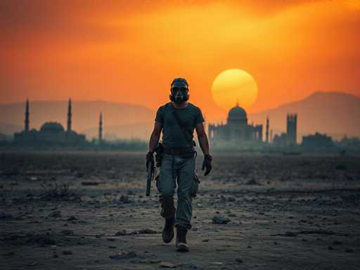 In this striking image, a man is captured walking towards the camera in a barren, rocky field. He is dressed in a dark blue t-shirt, blue jeans, and black boots. His face is obscured by a black gas mask, and he wears black gloves on his hands. A black strap runs diagonally across his chest, suggesting he is carrying a bag or equipment. In his right hand, he holds a long rifle pointed downwards. The ground beneath him is a mix of dirt and scattered rocks, with sparse vegetation visible in the background.

The backdrop features a series of buildings with distinctive Middle Eastern architectural elements, including domes and spires. These structures are set against a dramatic sky painted in hues of orange and yellow, with the sun appearing as a large, glowing yellow orb. The sky is filled with clouds, adding to the overall atmospheric tension of the scene. The combination of the man's gear, the desolate landscape, and the imposing architecture creates a powerful and evocative image.