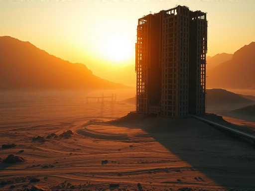 A colossal, ruined skyscraper stands isolated in a desolate, post-apocalyptic landscape as the sun dips below the horizon. The warm, golden light casts long shadows across the barren terrain, highlighting a stark, monochromatic scene with a high-contrast, hyper-realistic aesthetic. The composition is vast and cinematic, emphasizing the scale of the ruined structure against the expansive, empty environment.
