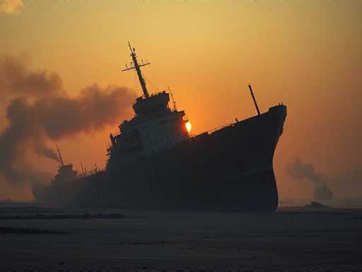 A striking photograph captures a large ship aground on a beach, its bow lifted dramatically into the air while the stern rests firmly on the sand. The vessel appears to be a commercial cargo ship, though its exact purpose is unclear. The scene is set against a dramatic sky, with the sun either rising or setting, casting a warm glow over the landscape. Thick smoke billows from the ship's smokestacks, adding to the sense of urgency and drama. In the background, another ship is visible, also emitting smoke, suggesting it may be in distress or experiencing similar difficulties. The overall atmosphere is one of tension and mystery, leaving viewers to wonder about the fate of the ships and their crews.