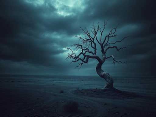 A hauntingly beautiful, computer-generated image depicts a solitary, gnarled tree standing in the middle of a vast, barren desert. The tree, with its twisted trunk and bare branches, rises from a small mound of dirt, surrounded by sparse, scrubby vegetation. The landscape stretches out to the horizon, where faint mountain ranges can be seen in the distance. The sky above is a deep, ominous blue, filled with dark, brooding clouds that suggest an impending storm. A small patch of lighter sky is visible at the top center, providing a stark contrast to the overall gloomy atmosphere. The entire scene is rendered in shades of blue, gray, and black, enhancing its eerie and desolate mood.