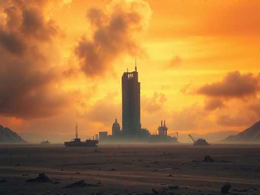 The image depicts a futuristic cityscape dominated by a towering skyscraper that appears to be under construction. The skyscraper, which stands prominently in the center, is surrounded by various smaller buildings, including one with a dome and another with a spire. The scene is set against a dramatic sky painted in hues of orange, yellow, and red, suggesting either a sunrise or sunset. Dark clouds add to the atmospheric tension of the scene. In the foreground, the ground is a barren expanse of dirt and rocks, with no visible vegetation. Scattered across this desolate area are several construction vehicles, including cranes and a large truck, indicating ongoing development. The overall composition evokes a sense of a post-apocalyptic or dystopian world, with the lone skyscraper rising ominously from the desolate landscape.