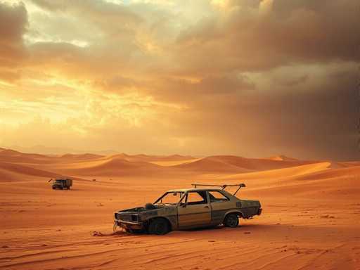 A desolate desert landscape stretches out under a sky heavy with dark, ominous clouds. The sun, partially obscured by the dense cloud cover, casts a muted light over the scene, creating a somber atmosphere. In the foreground, a dilapidated car sits abandoned, its body marred by rust and grime. The vehicle's windows are shattered, and its tires are flat, leaving it stranded in the vast expanse of sand. Behind the car, a large, rugged truck stands as a stark contrast, its presence hinting at recent human activity in this otherwise deserted area. The sand dunes in the background rise and fall, their undulating forms adding depth to the barren landscape. The overall scene evokes a sense of isolation and decay, with the interplay of light and shadow accentuating the desolate beauty of the desert.