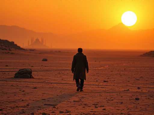 In this evocative image, a man is captured walking away from the camera, his back turned towards us. He is dressed in a long, dark brown coat that extends to his knees, paired with dark pants and shoes. The scene is set in a vast, arid desert landscape, characterized by its reddish-brown sand and scattered rocks. The man's shadow stretches out behind him, adding depth to the composition.

In the background, a majestic mountain range looms, its peaks tinged with a reddish hue from the setting sun. The sky is ablaze with warm orange and yellow tones, casting a golden glow over the entire scene. To the left of the mountains, a structure resembling a castle or temple with tall spires and a domed roof stands silhouetted against the vibrant sky. The overall atmosphere is one of solitude and contemplation, as the lone figure makes his way across the desolate terrain towards the distant, illuminated horizon.