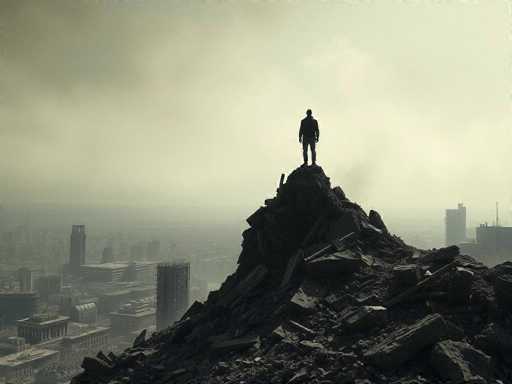 In this evocative image, a solitary man stands atop a jagged pile of rubble, his silhouette stark against the backdrop of a war-torn city. The scene is shrouded in a thick, grayish haze, lending an air of desolation and hopelessness. The man, dressed in a long-sleeved shirt and pants, gazes out over the desolate landscape, his figure reduced to a mere shadow. The rubble beneath him is a chaotic mix of broken concrete, scattered bricks, and twisted metal, with some pieces jutting out at sharp angles. The cityscape behind him is a haunting tableau of destruction, with numerous buildings reduced to ruins. Among the wreckage, a lone building stands with its facade still intact, though its windows are shattered and debris litter the ground. The overall atmosphere is one of despair and abandonment, capturing the aftermath of devastation in haunting detail.