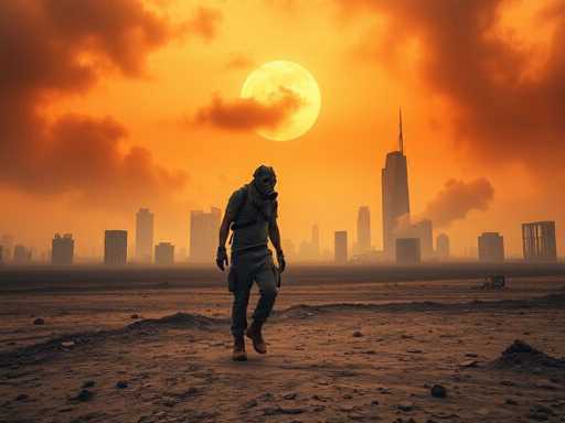 In this evocative image, a lone figure is captured walking through a desolate, post-apocalyptic landscape. The ground beneath their feet is a barren expanse of dirt and debris, stretching out towards a distant city skyline. The person is clad in rugged boots and pants, with a short-sleeved shirt that reveals their arms. A backpack is slung over their shoulders, and their face is obscured by a gas mask, hinting at the harsh conditions they navigate. The sky above is a striking blend of orange and yellow hues, dominated by a large, glowing celestial body—either the sun or the moon—that casts an eerie light over the scene. Wisps of clouds drift across the sky, adding to the surreal atmosphere. The city in the background is a collection of tall buildings, some still standing while others appear to be crumbling, with smoke rising ominously from their tops. The overall composition of the image conveys a sense of desolation and survival amidst a world transformed by some catastrophic event.